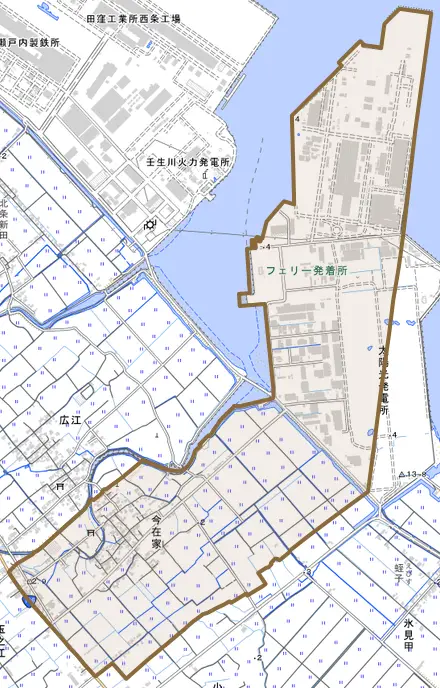 今在家とその周辺の地図。町の範囲を重ねている
