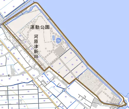 河原津新田とその周辺の地図。町の範囲を重ねている