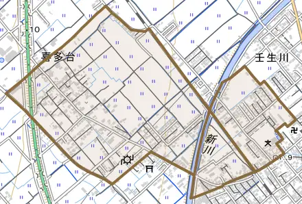 喜多台とその周辺の地図。町の範囲を重ねている
