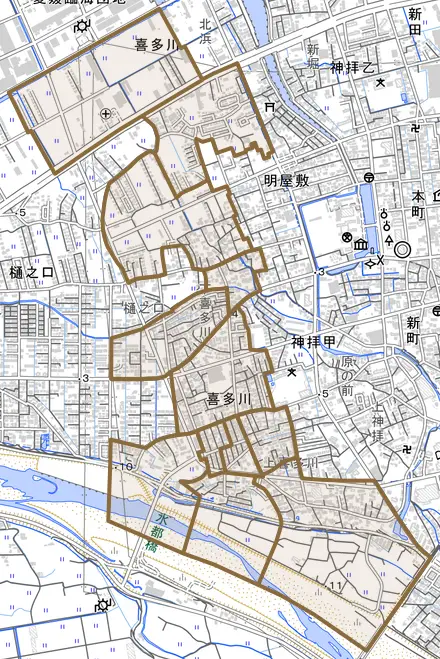 喜多川とその周辺の地図。町の範囲を重ねている