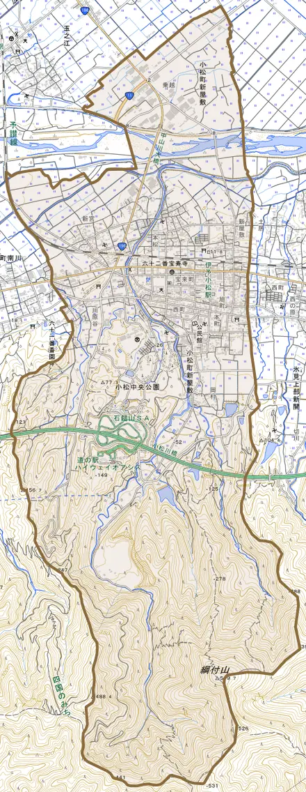 小松町新屋敷とその周辺の地図。町の範囲を重ねている