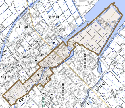 三津屋とその周辺の地図。町の範囲を重ねている