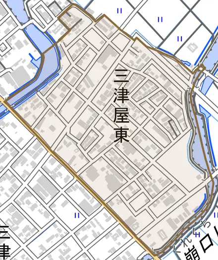 三津屋東とその周辺の地図。町の範囲を重ねている