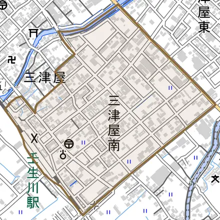 三津屋南とその周辺の地図。町の範囲を重ねている