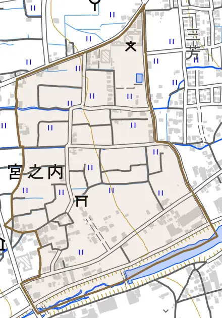 宮之内とその周辺の地図。町の範囲を重ねている