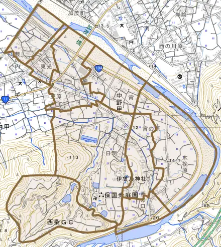 中野甲とその周辺の地図。町の範囲を重ねている