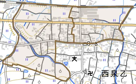 楢木とその周辺の地図。町の範囲を重ねている