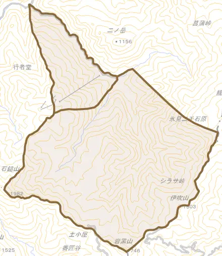 西之川とその周辺の地図。町の範囲を重ねている