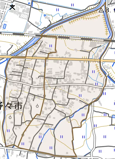 野々市とその周辺の地図。町の範囲を重ねている