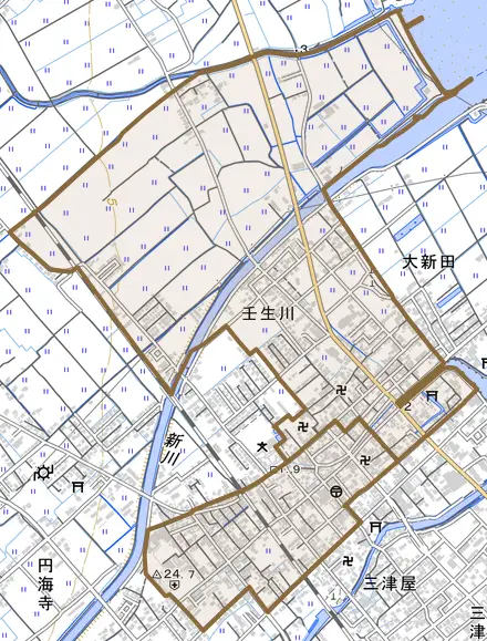 壬生川とその周辺の地図。町の範囲を重ねている