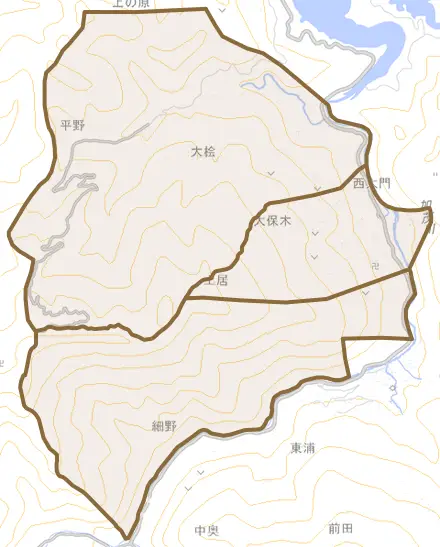 大保木とその周辺の地図。町の範囲を重ねている