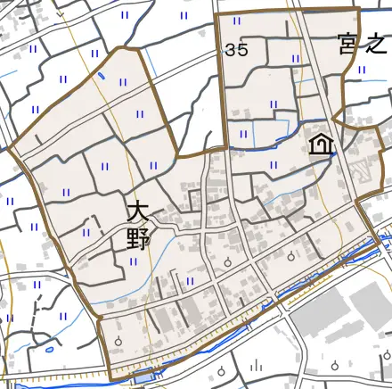 大野とその周辺の地図。町の範囲を重ねている