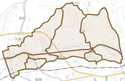 下島山甲とその周辺の地図。町の範囲を重ねている