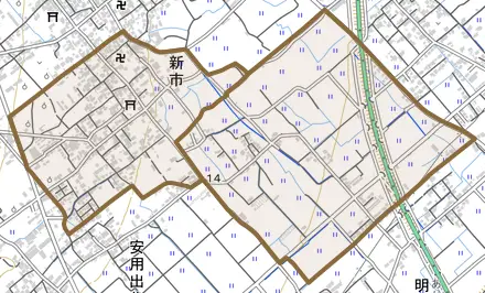 新市とその周辺の地図。町の範囲を重ねている