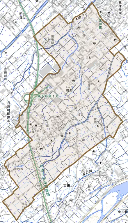 周布とその周辺の地図。町の範囲を重ねている