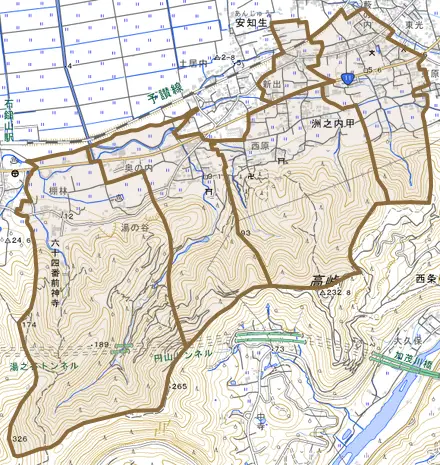 洲之内甲とその周辺の地図。町の範囲を重ねている