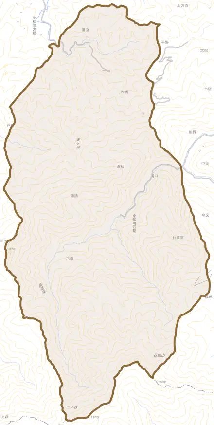 小松町石鎚とその周辺の地図。町の範囲を重ねている