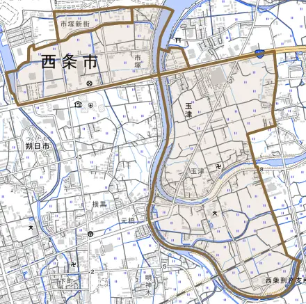 玉津とその周辺の地図。町の範囲を重ねている