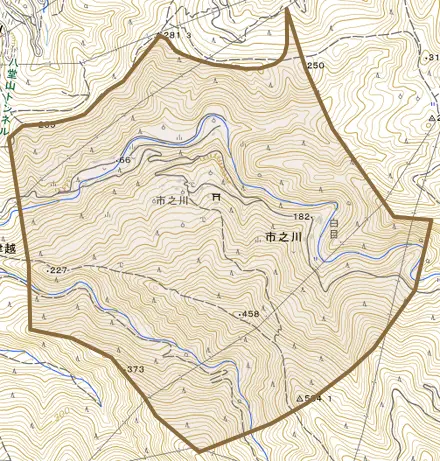 市之川とその周辺の地図。町の範囲を重ねている