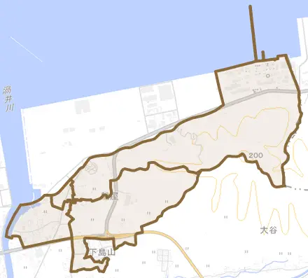 船屋とその周辺の地図。町の範囲を重ねている