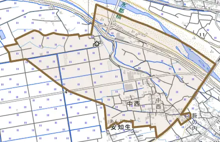 中西とその周辺の地図。町の範囲を重ねている
