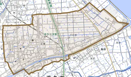 三芳とその周辺の地図。町の範囲を重ねている
