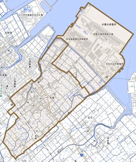 北条とその周辺の地図。町の範囲を重ねている