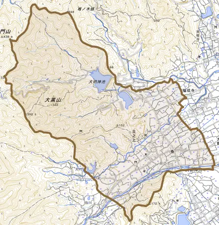 旦之上とその周辺の地図。町の範囲を重ねている