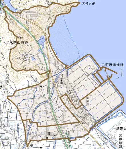 河原津とその周辺の地図。町の範囲を重ねている