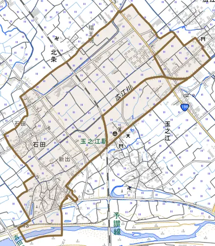 石田とその周辺の地図。町の範囲を重ねている