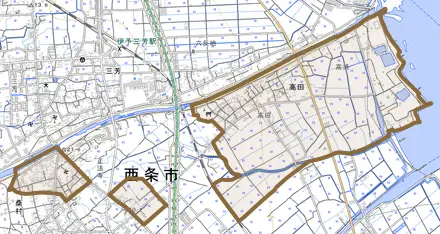 高田とその周辺の地図。町の範囲を重ねている