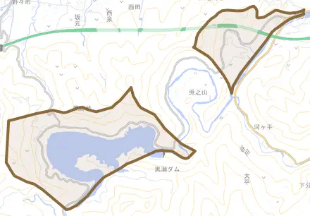 黒瀬乙とその周辺の地図。町の範囲を重ねている