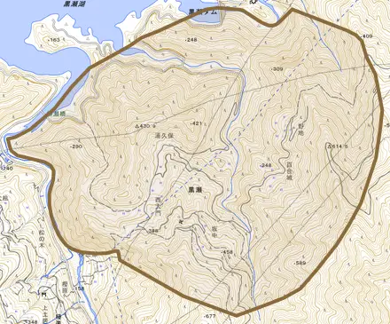 黒瀬甲とその周辺の地図。町の範囲を重ねている