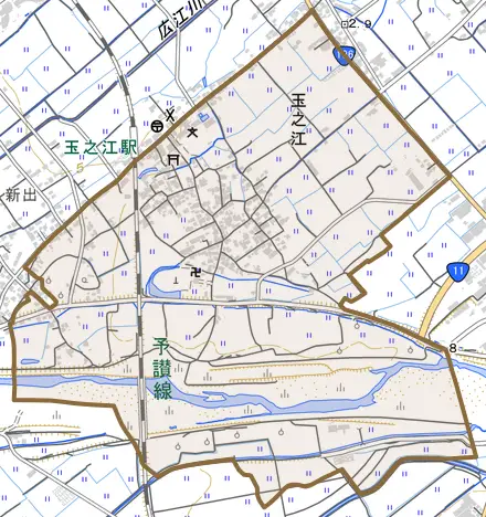玉之江とその周辺の地図。町の範囲を重ねている