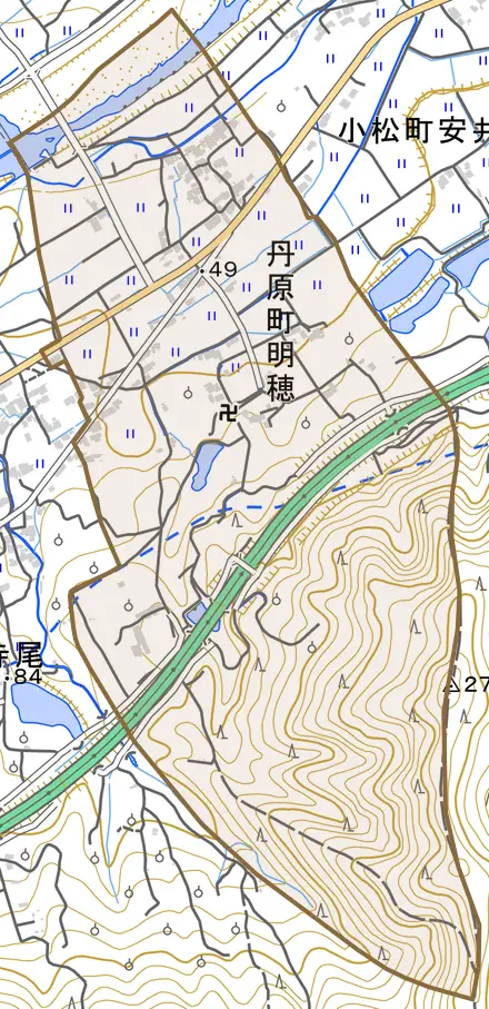 丹原町明穂とその周辺の地図。町の範囲を重ねている