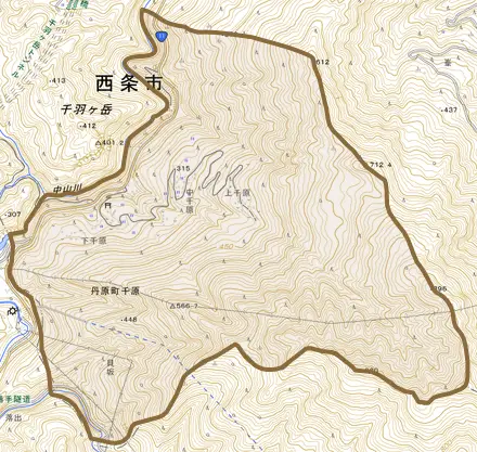 丹原町千原とその周辺の地図。町の範囲を重ねている