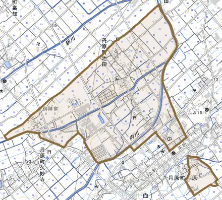 丹原町池田とその周辺の地図。町の範囲を重ねている