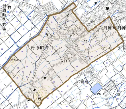 丹原町今井とその周辺の地図。町の範囲を重ねている