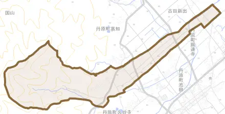 丹原町古田とその周辺の地図。町の範囲を重ねている