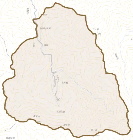 丹原町明河とその周辺の地図。町の範囲を重ねている