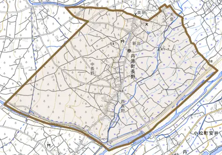 丹原町長野とその周辺の地図。町の範囲を重ねている