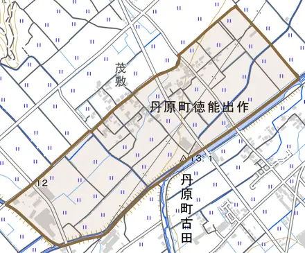 丹原町徳能出作とその周辺の地図。町の範囲を重ねている