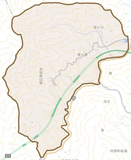 丹原町臼坂とその周辺の地図。町の範囲を重ねている