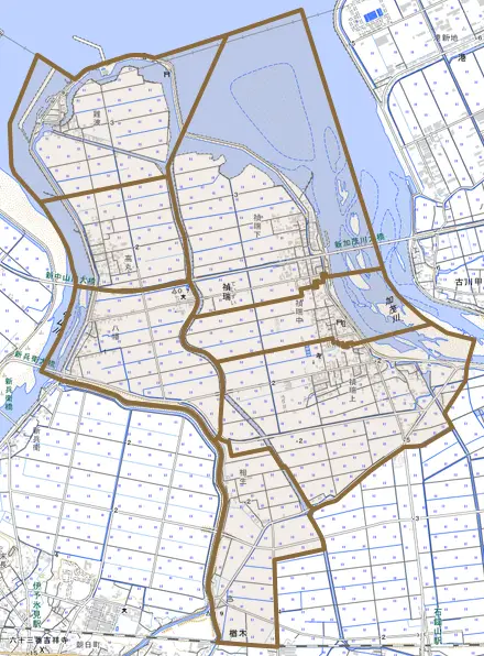 禎瑞とその周辺の地図。町の範囲を重ねている