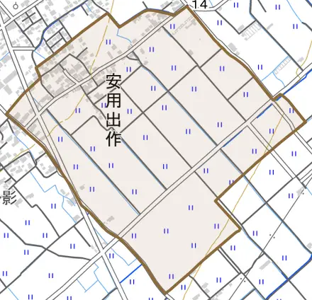 安用出作とその周辺の地図。町の範囲を重ねている