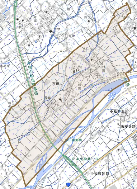 吉田とその周辺の地図。町の範囲を重ねている