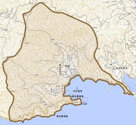 明浜町狩浜とその周辺の地図。町の範囲を重ねている