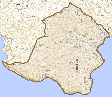 明浜町宮野浦とその周辺の地図。町の範囲を重ねている