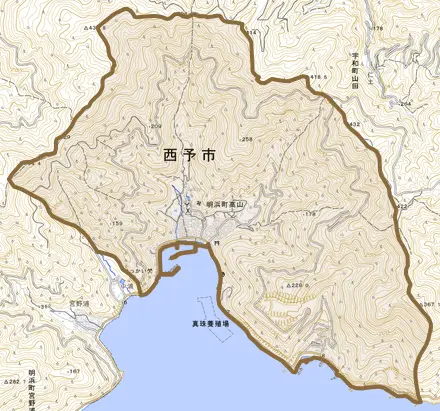 明浜町高山とその周辺の地図。町の範囲を重ねている