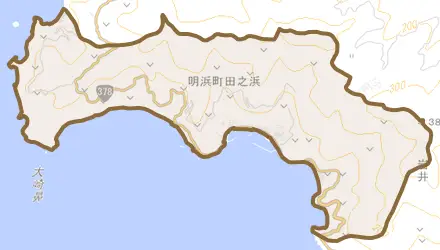 明浜町田之浜とその周辺の地図。町の範囲を重ねている